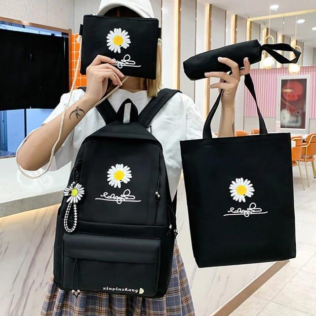 Black Daisy Print 4-Piece Student Bag Set