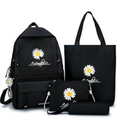 Black Daisy Print 4-Piece Student Bag Set