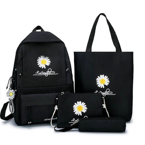 Black Daisy Print 4-Piece Student Bag Set